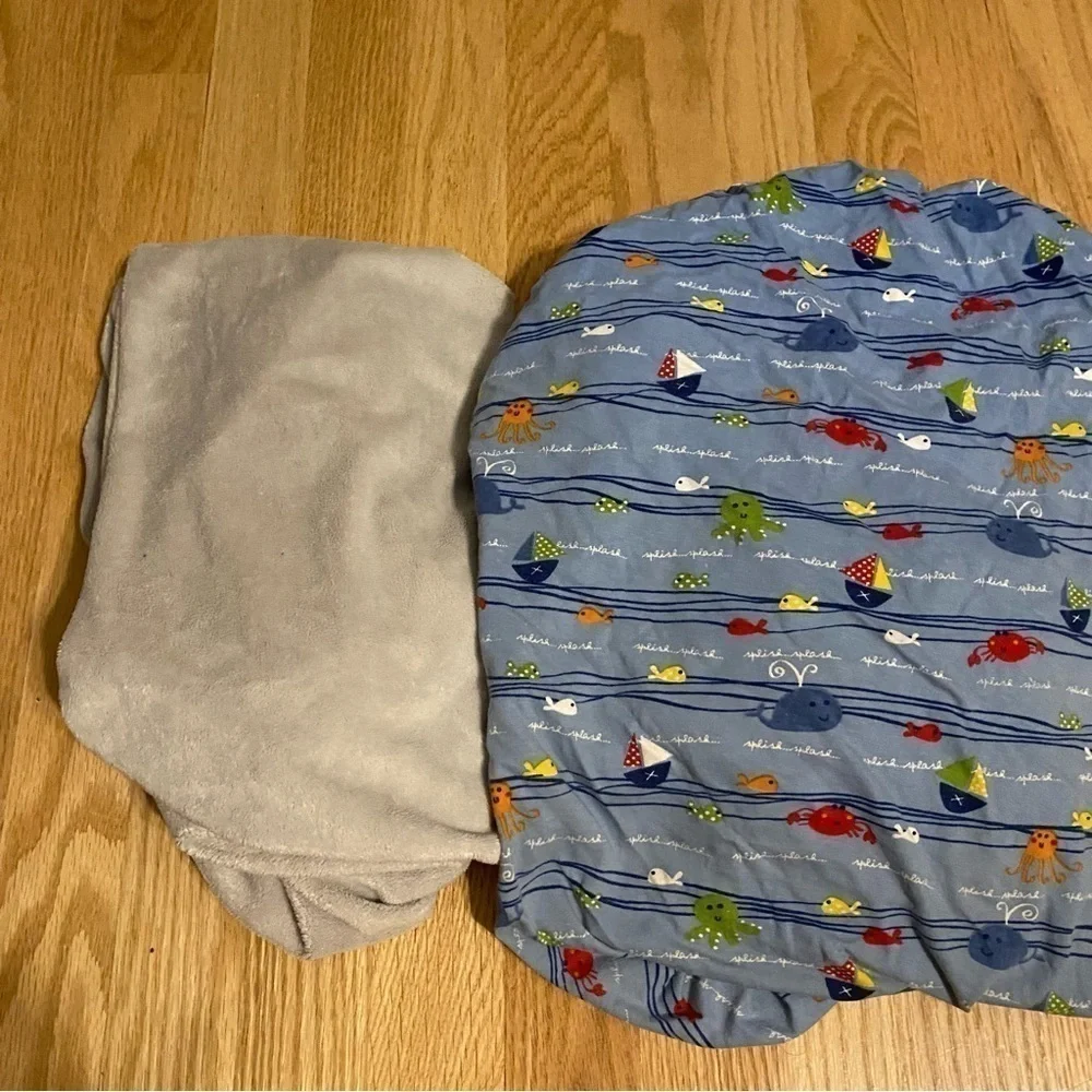 Boy Crib Sheet & Plush Changing Table Cover Bundle Lot Set Blue Fish Sailboat